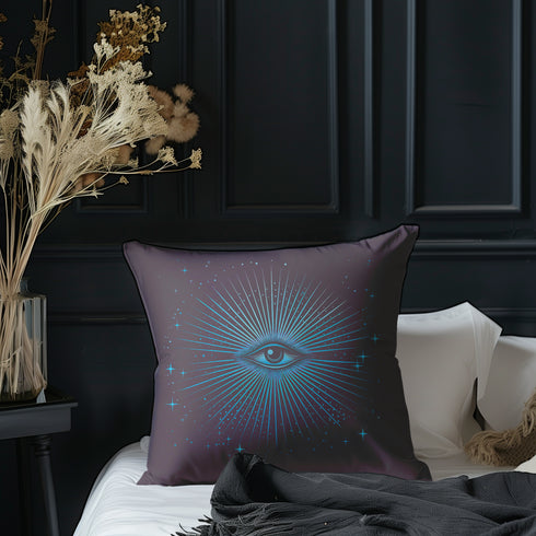 Purple throw pillow cover featuring a radiant blue all-seeing eye design with star-like sparkles, ideal for mystical or cosmic-themed decor.